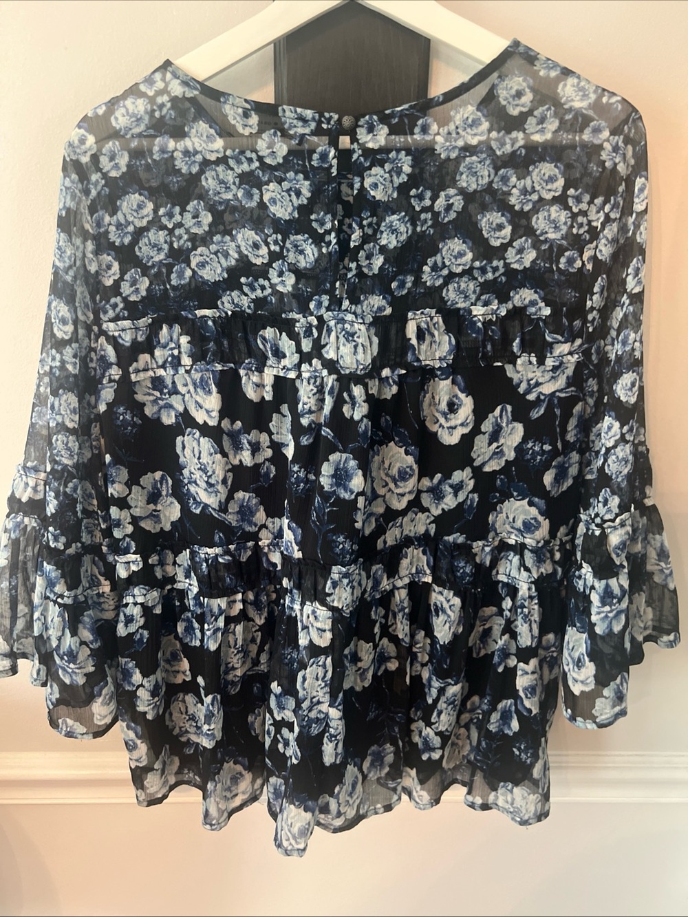 Lucky Brand Navy Floral Tiered Ruffle Blouse